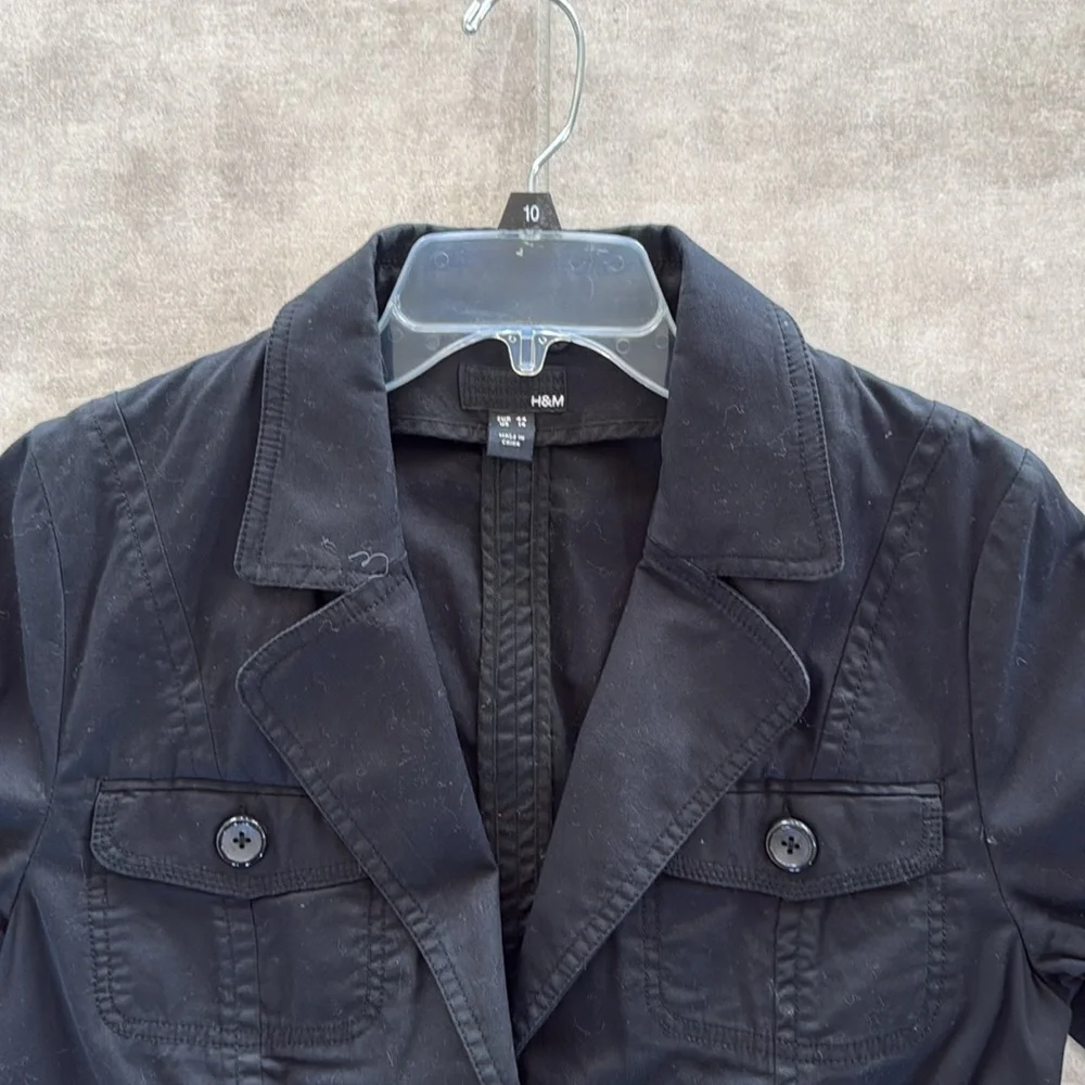 H&M Women's Rich Black Cotton-Blend Belted Waist Utility-Style Jacket - Size 14 - Picture 9 of 11